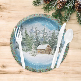 ウォーターカラークリスマスの雪の小屋 ペーパープレート