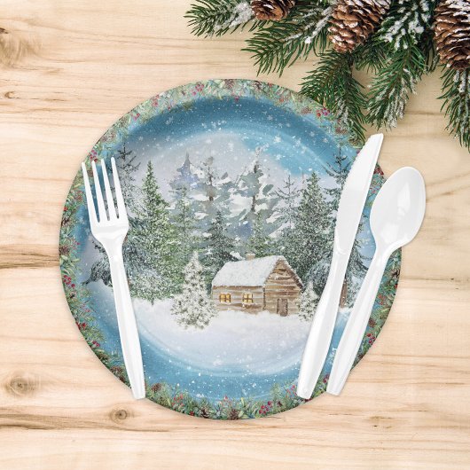 ウォーターカラークリスマスの雪の小屋 ペーパープレート