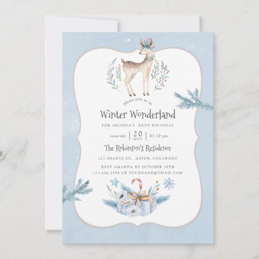 ウォーターカラークリスマスウィンターホリデー誕生日 招待状 (正面)