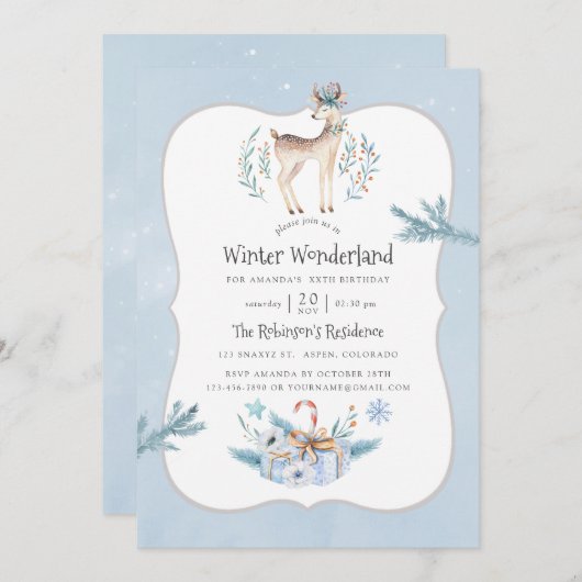 ウォーターカラークリスマスウィンターホリデー誕生日 招待状 (正面/裏面)