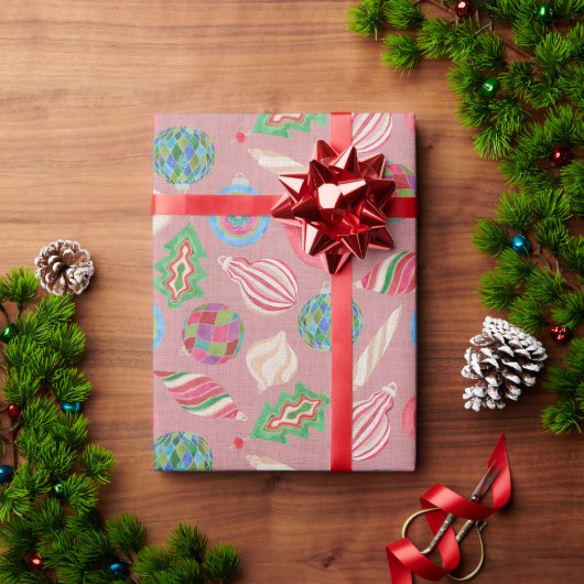 ウォーターカラークリスマスオーナメント包装紙 ラッピングペーパー (クリスマスギフト)