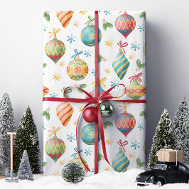 ウォーターカラークリスマスオーナメント ホリデーパターン ラッピングペーパー