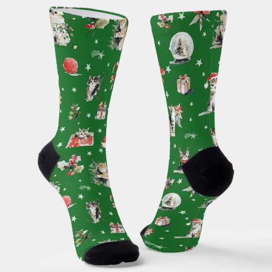 ウォーターカラークリスマスキャット ホイッシマル ソックス (傾斜あり)