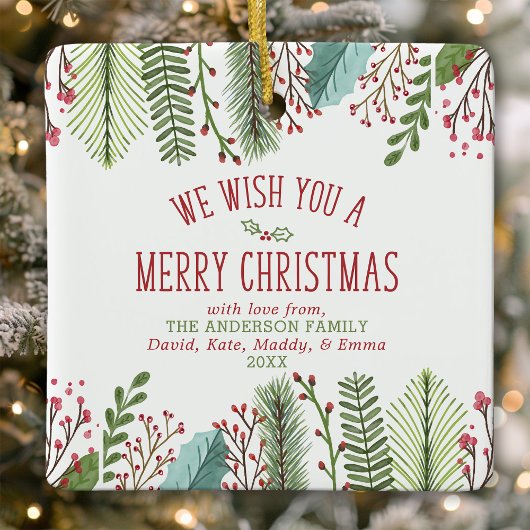 ウォーターカラークリスマスグリーンパーソナライズされたリーホリデー セラミックオーナメント