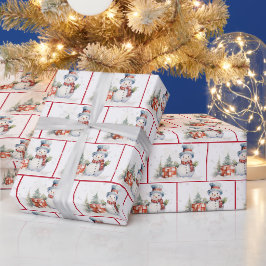 ウォーターカラークリスマススノーマンスノーフレーク柄 ラッピングペーパー