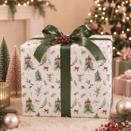 ウォーターカラークリスマスツリーとヒイラギのラッピングペーパー ラッピングペーパー
