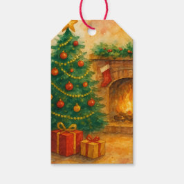 ウォーターカラークリスマスツリーと暖炉のホリデーイラスト ギフトタグ