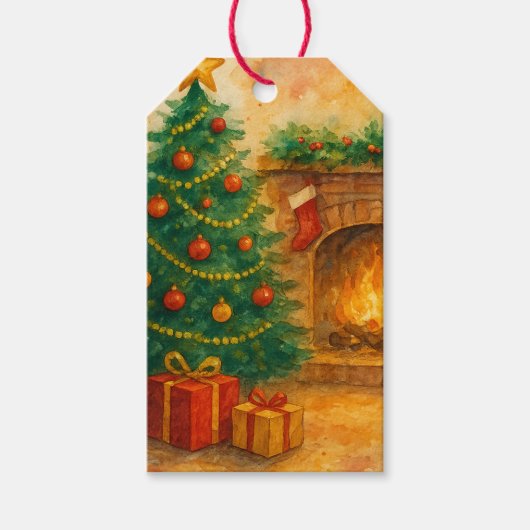 ウォーターカラークリスマスツリーと暖炉のホリデーイラスト ギフトタグ (正面)
