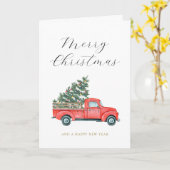 ウォーターカラークリスマスツリーと赤いトラックのメリークリスマス カード (黄色い花)