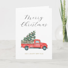 ウォーターカラークリスマスツリーと赤いトラックのメリークリスマス カード
