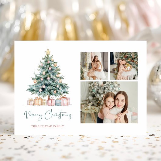 ウォーターカラークリスマスツリーのカリグラフィー3枚の写真 シーズンカード