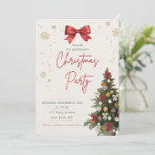 ウォーターカラークリスマスツリーの赤いリボンのパーティー招待状 シーズンカード (スタンド正面)