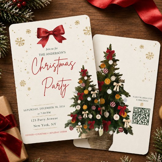 ウォーターカラークリスマスツリーの赤いリボンのパーティー招待状 シーズンカード