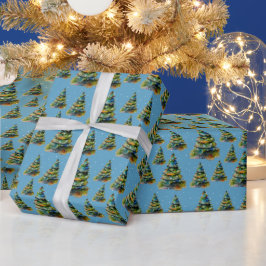 ウォーターカラークリスマスツリースノーフレークドローイングブルー ラッピングペーパー