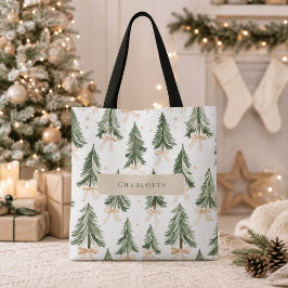 ウォーターカラークリスマスツリーデザインのトートバッグ 名入れ可能 トートバッグ