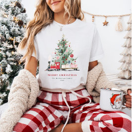 ウォーターカラークリスマスツリートイ列車のカスタムホリデー Tシャツ
