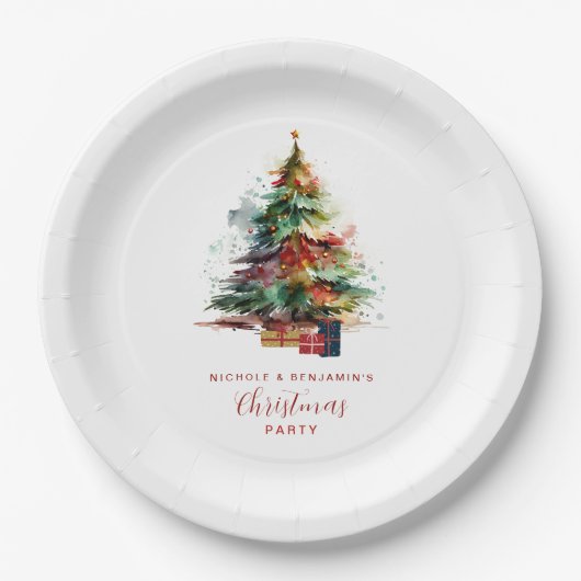 ウォーターカラークリスマスツリーパーティー ペーパープレート (正面)