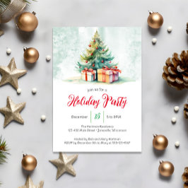 ウォーターカラークリスマスツリーホリデーパーティー招待状 シーズンカード