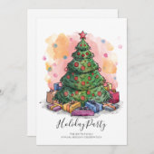 ウォーターカラークリスマスツリーホリデーパーティ招待状 シーズンカード (正面/裏面)