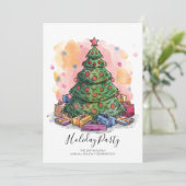 ウォーターカラークリスマスツリーホリデーパーティ招待状 シーズンカード (スタンド正面)