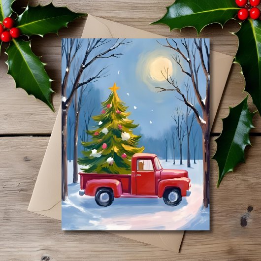 ウォーターカラークリスマスツリー配送赤いトラック シーズンカード