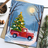 ウォーターカラークリスマスツリー配送赤いトラック シーズンカード