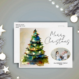 ウォーターカラークリスマスツリー アートフォト ゴールド 箔シーズンポストカード