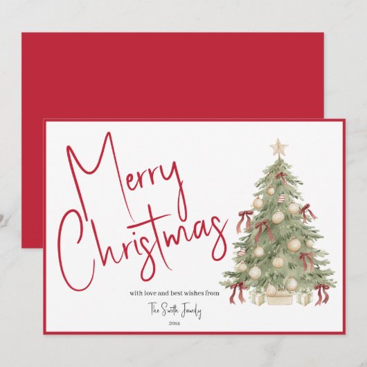 ウォーターカラークリスマスツリー ノンフォトホリデーカード 招待状 (正面/裏面)