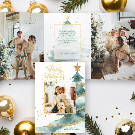 ウォーターカラークリスマスツリー ハッピーホリデーズ 写真入り 三つ折りカード