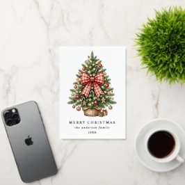 ウォーターカラークリスマスツリー レッドギンガムボウ フォト 箔シーズンカード