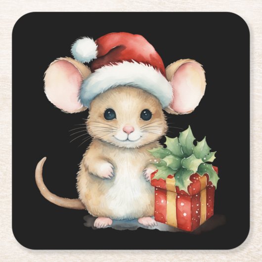 ウォーターカラークリスマスネズミ スクエアペーパーコースター (正面)