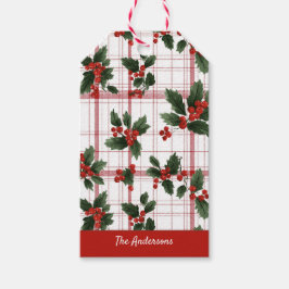 ウォーターカラークリスマスヒイラギベリープレイドネーム ギフトタグ