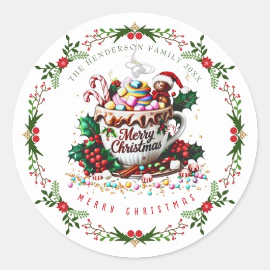 ウォーターカラークリスマスホリデーお祭りマグキャンディー ラウンドシール (正面)