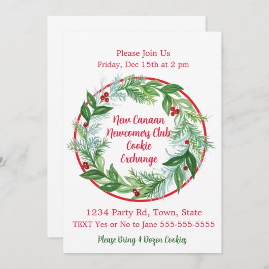 ウォーターカラークリスマスホリデーカスタムリースL 招待状 (正面/裏面)