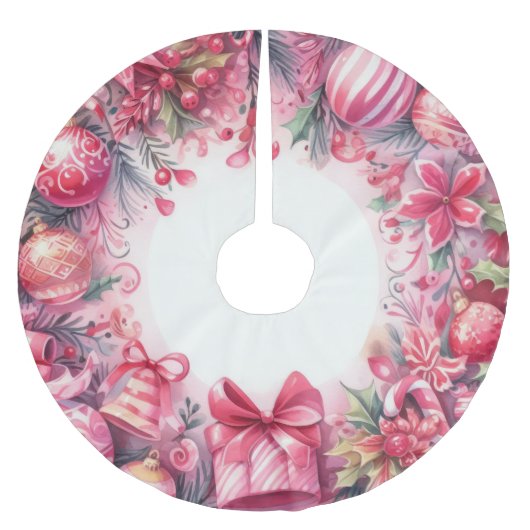 ウォーターカラークリスマスホリデーデザイン ブラッシュドポリエステルツリースカート (正面)