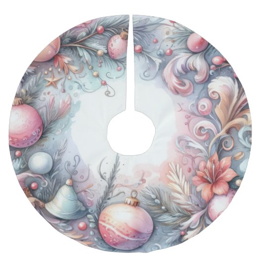 ウォーターカラークリスマスホリデーデザイン ブラッシュドポリエステルツリースカート (正面)