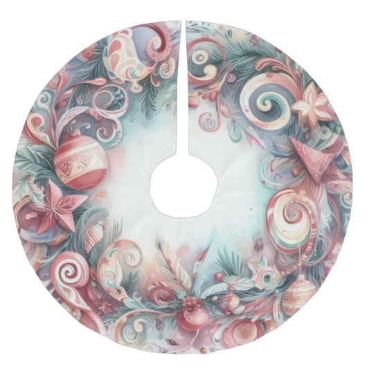 ウォーターカラークリスマスホリデーデザイン ブラッシュドポリエステルツリースカート (正面)