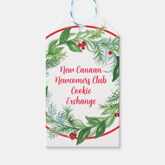 ウォーターカラークリスマスホリデーリースカスタム ギフトタグ (正面)