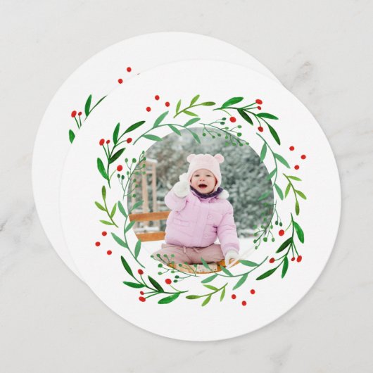 ウォーターカラークリスマスホリーリースフォトカード シーズンカード (正面/裏面)