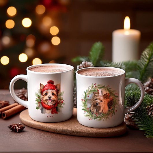 ウォーターカラークリスマスヨーキーパピー コーヒーマグカップ