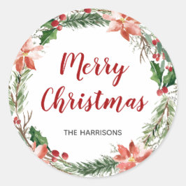 ウォーターカラークリスマスリースカスタムホリデイ ラウンドシール