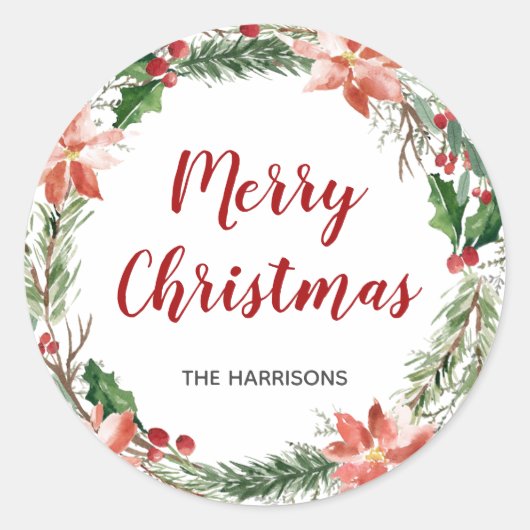 ウォーターカラークリスマスリースカスタムホリデイ ラウンドシール (正面)