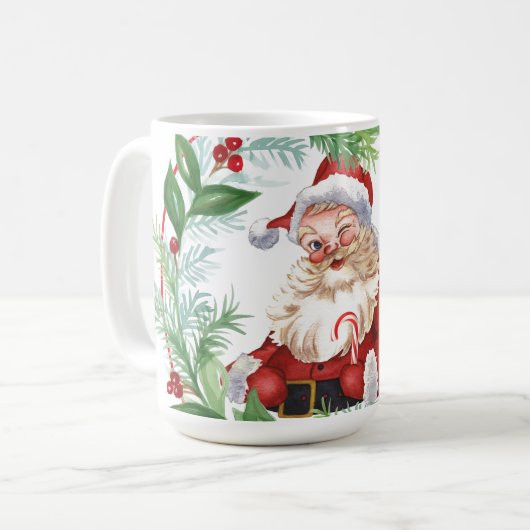 ウォーターカラークリスマスリースヴィンテージサンタ コーヒーマグカップ (正面左)