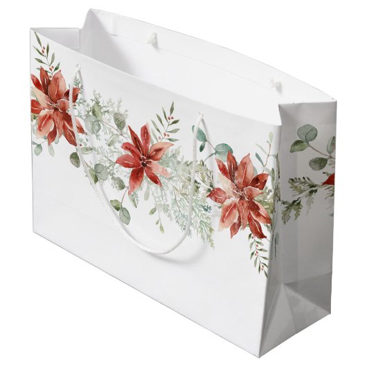 ウォーターカラークリスマスレッドポインセティアスグリーンリー ラージペーパーバッグ (裏面アングル)