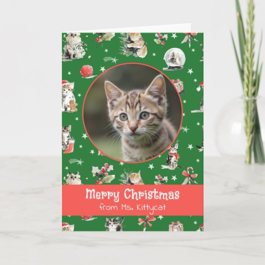 ウォーターカラークリスマス猫のカスタムフォト シーズンカード (正面)