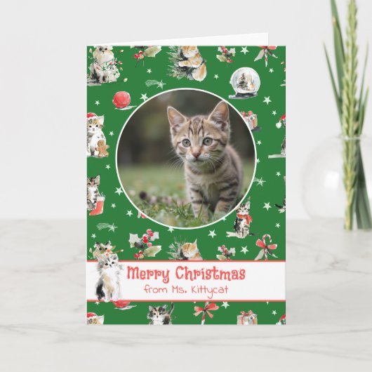 ウォーターカラークリスマス猫のカスタムフォト シーズンカード (正面)