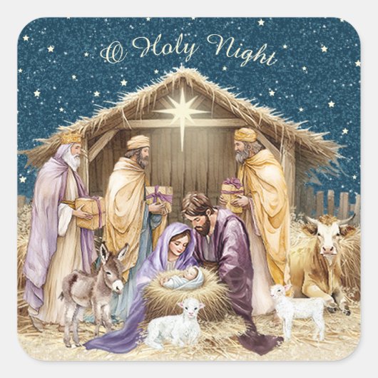 ウォーターカラークリスマス降誕の場面 スクエアシール (正面)