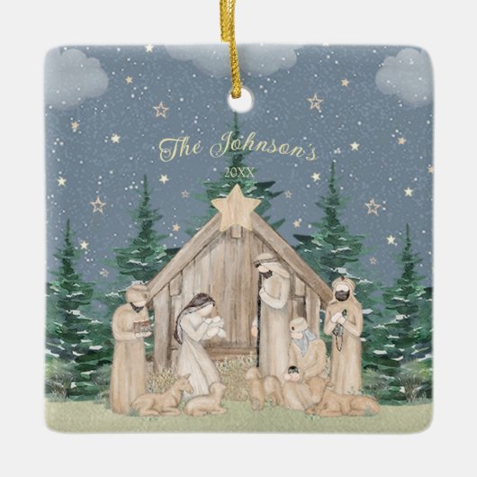 ウォーターカラークリスマス降誕の場面 セラミックオーナメント (正面)