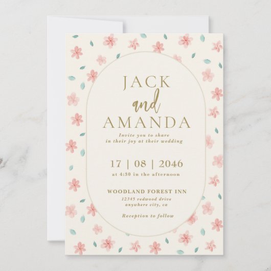 ウォーターカラークリームオーバルフローラ結婚式招待状 招待状 (正面)