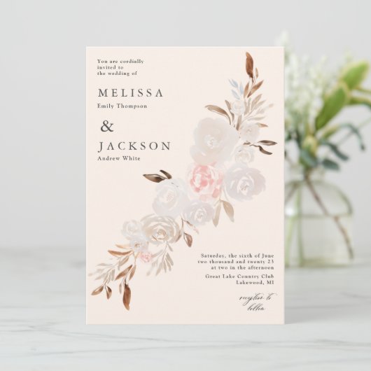 ウォーターカラークリームバラベージュ結婚式招待状 招待状 (スタンド正面)